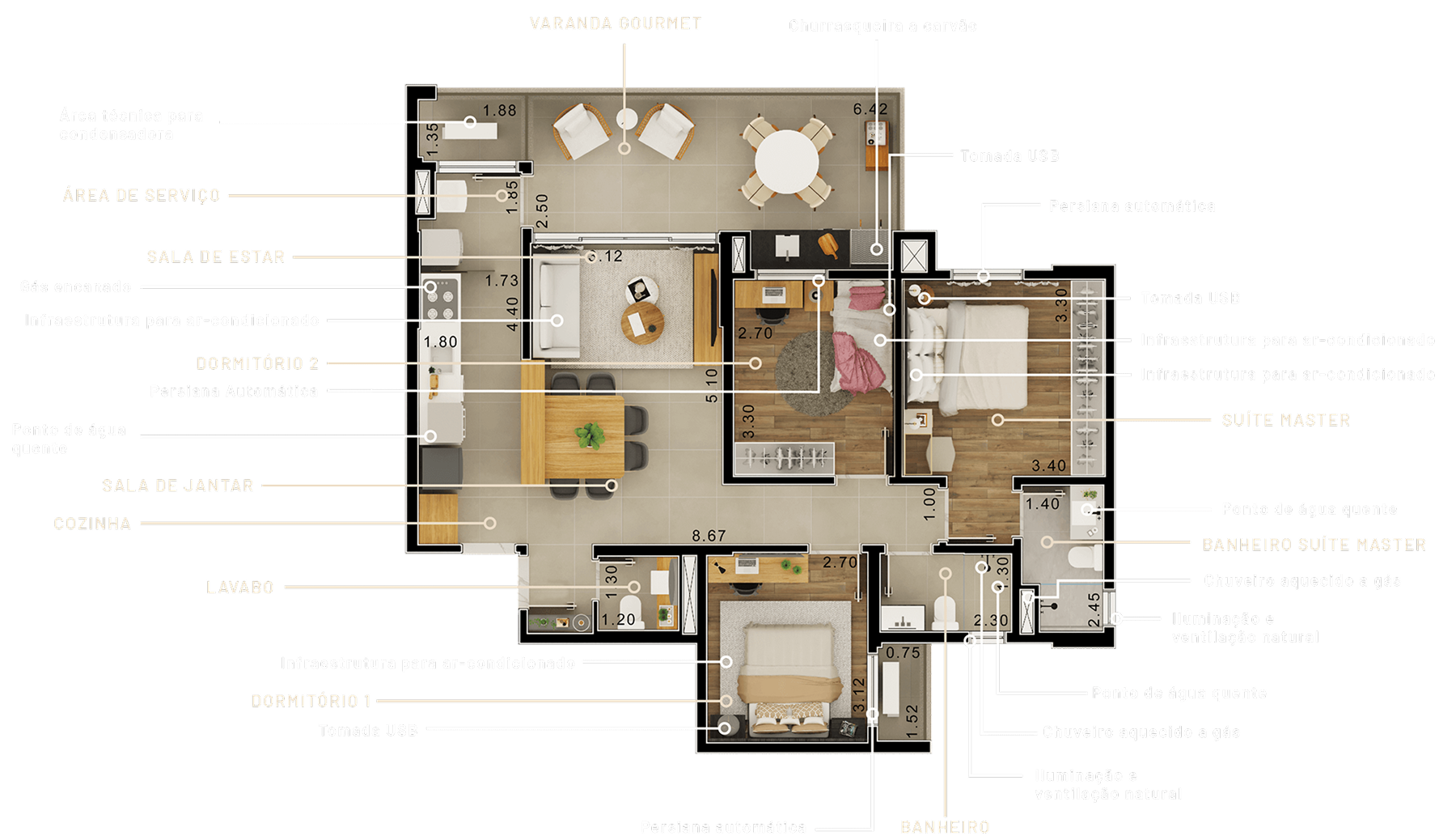 Planta de 103 m² com três dormitórios, uma suíte, sala de estar e jantar, cozinha, lavabo, área de serviço e varanda gourmet.